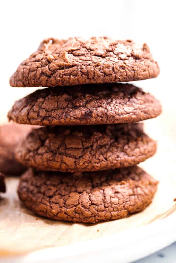 chocolate brownie cookies stack on top of each other